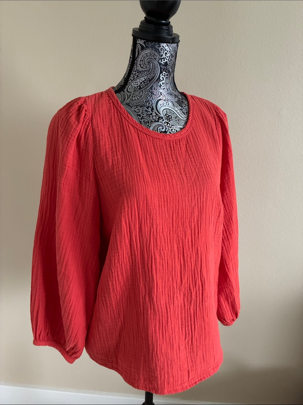 Carolina Lopez of Mexico Women’s Gauze Coral Red Puff-Sleeve Blouse